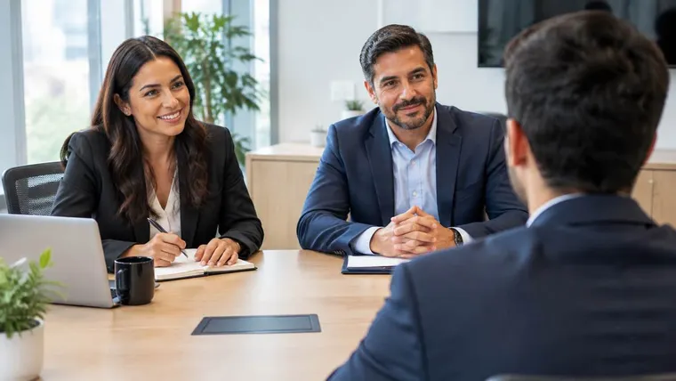 Recrutadora e gestor entrevistando um candidato em sala de reunião. Imagem ilustrativa gerada por IA.