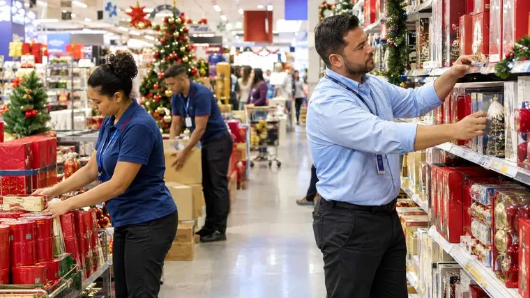 Equipe de loja brasileira organizando produtos para as vendas de fim de ano. Imagem ilustrativa gerada por IA.