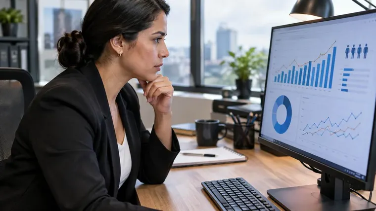 Gestora de RH analisando gráficos de emprego em uma tela de computador. Imagem ilustrativa gerada por IA.