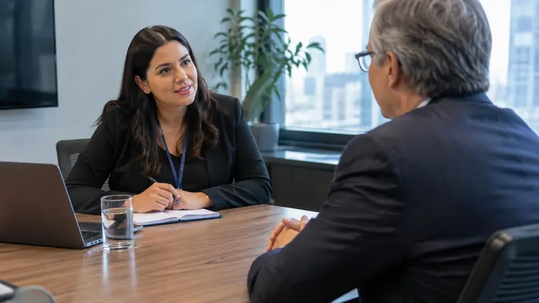 Recrutadora entrevistando um profissional experiente com mais de 50 anos. Imagem ilustrativa gerada por IA.