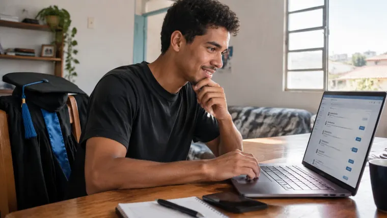 Jovem recém-formado olhando lista de vagas no notebook ao lado da beca; imagem ilustrativa gerada por IA.