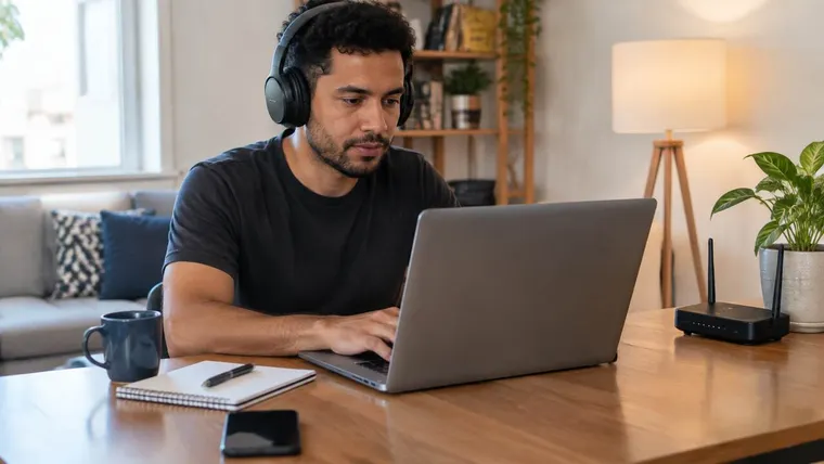 Ilustração gerada por IA: homem trabalhando em casa com notebook e fone.