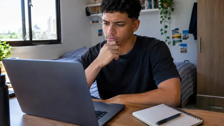 Jovem lendo requisitos de vaga júnior no notebook; imagem ilustrativa gerada por IA.