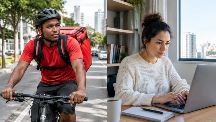 Ilustração gerada por IA: entregador de bicicleta e profissional em home office.
