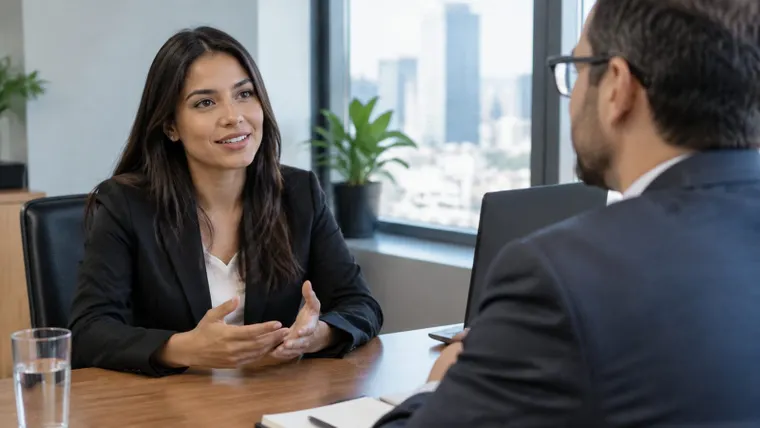 Candidata fazendo pergunta ao recrutador durante entrevista de emprego; imagem ilustrativa gerada por IA.