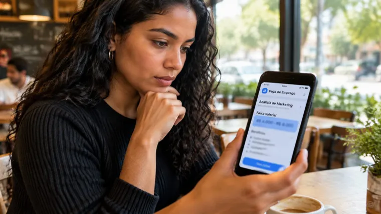 Mulher lendo anúncio de emprego com faixa salarial no celular; imagem ilustrativa gerada por IA.