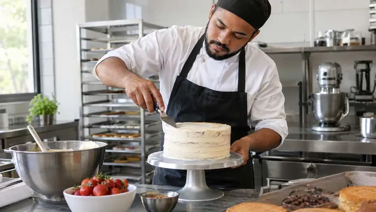Ilustração gerada por IA: confeiteiro preparando bolo em cozinha profissional.