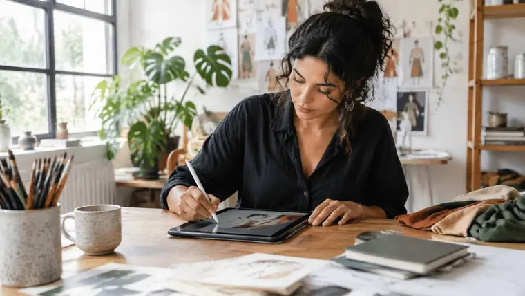 Ilustração gerada por IA: designer criativa desenhando em tablet em ateliê.