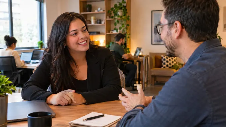 Candidata conversando com gestor em escritório de empresa pequena; imagem ilustrativa gerada por IA.