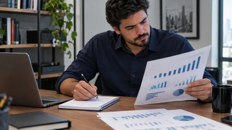 Homem lendo relatório com gráficos e fazendo anotações; imagem ilustrativa gerada por IA.