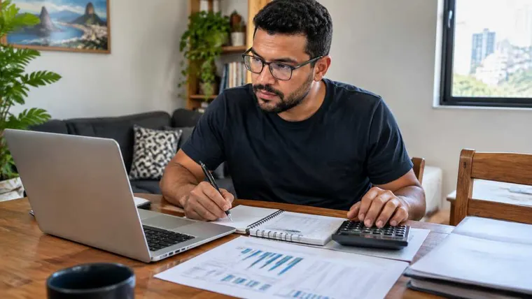 Ilustração gerada por IA: contador trabalhando em casa com planilhas e calculadora.