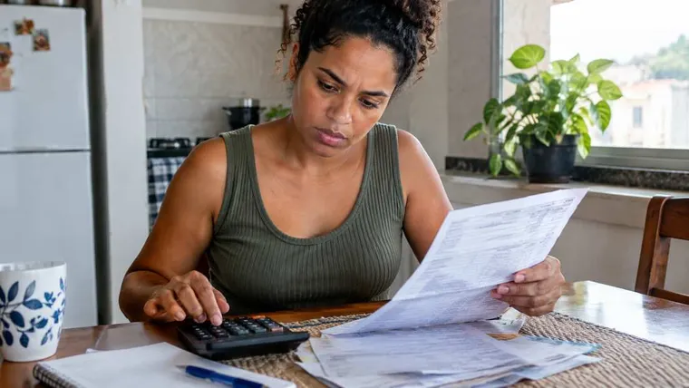 Ilustração gerada por IA: trabalhadora conferindo o holerite com uma calculadora.
