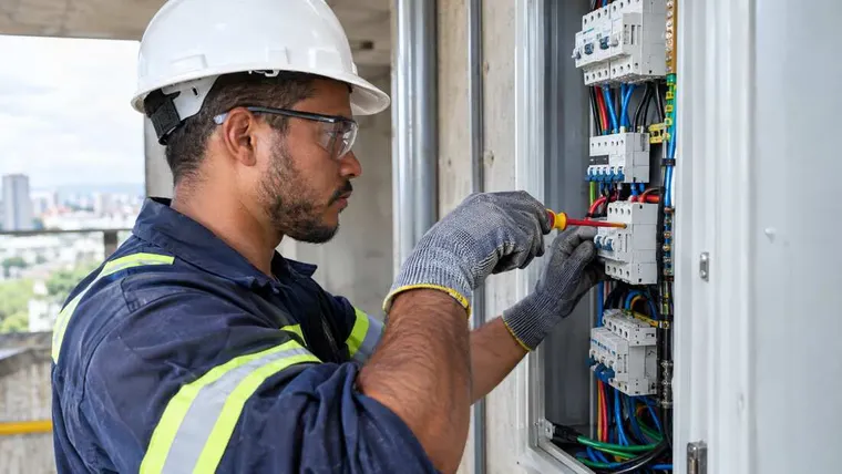 Ilustração gerada por IA: técnico eletricista instalando um painel elétrico.