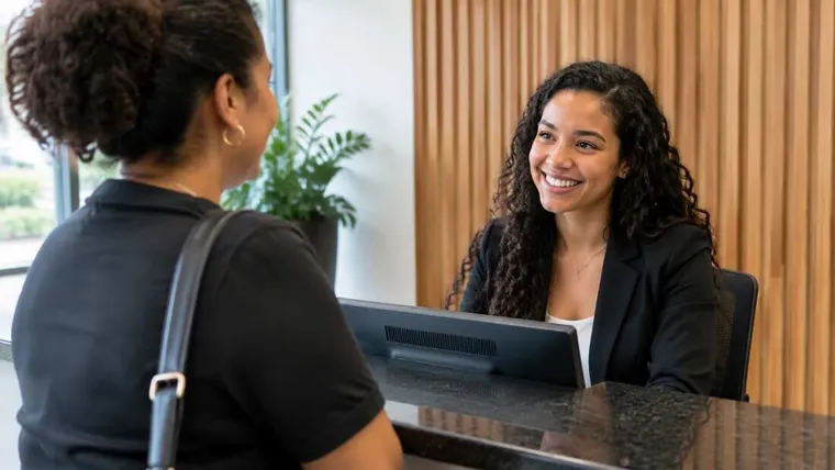 Ilustração gerada por IA: recepcionista atendendo visitante no balcão.