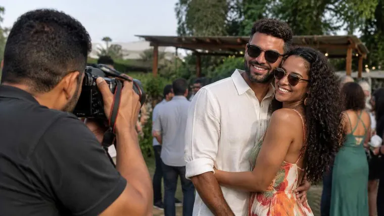 Ilustração gerada por IA: fotógrafo fotografando em evento ao ar livre.