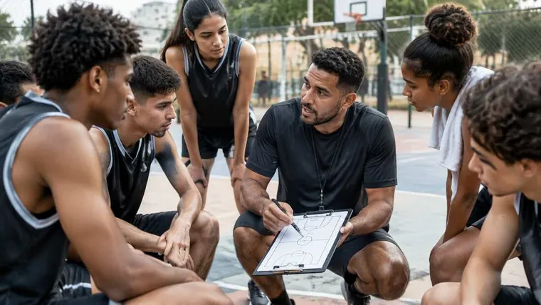 Ilustração gerada por IA: técnico de basquete orientando jovens atletas com prancheta.