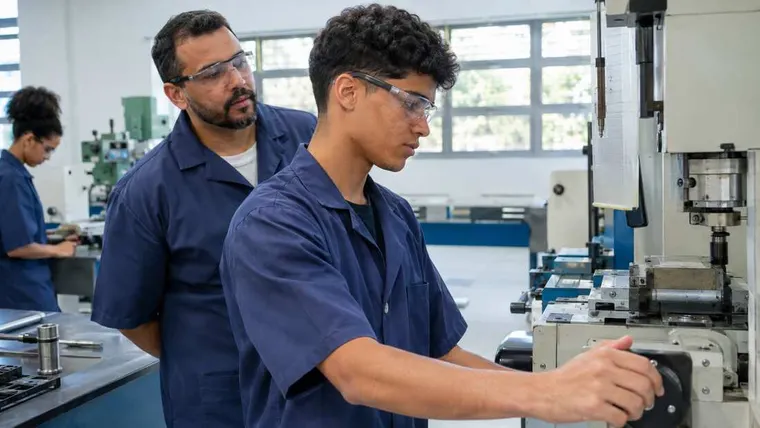 Ilustração gerada por IA: jovem aprendiz operando equipamento com instrutor.