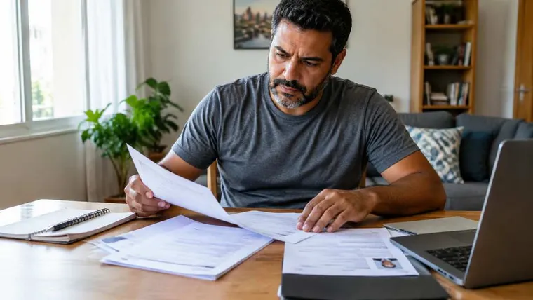 Ilustração gerada por IA: homem organizando documentos e currículo à mesa.
