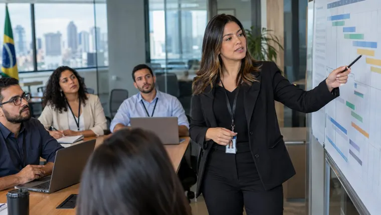 Assistente executiva coordenando reunião com quadro de projetos; imagem ilustrativa gerada por IA.