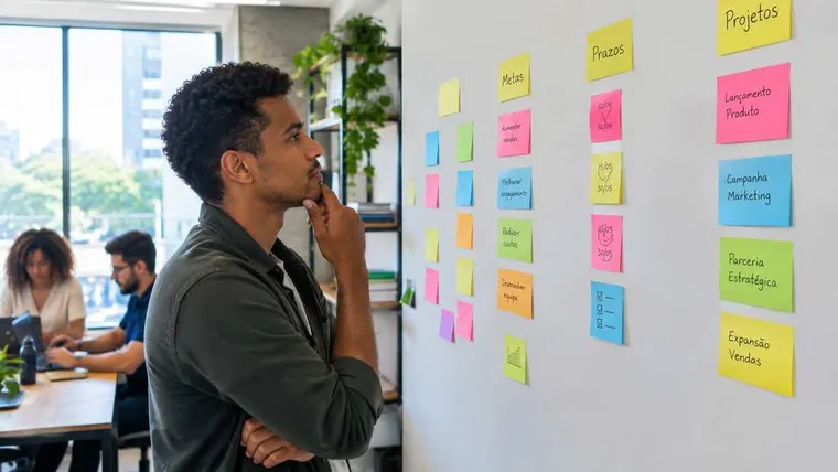 Ilustração gerada por IA: jovem profissional olhando post-its de metas.
