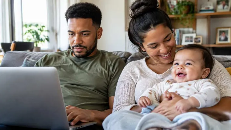 Ilustração gerada por IA: casal com bebê em casa, um deles no notebook.