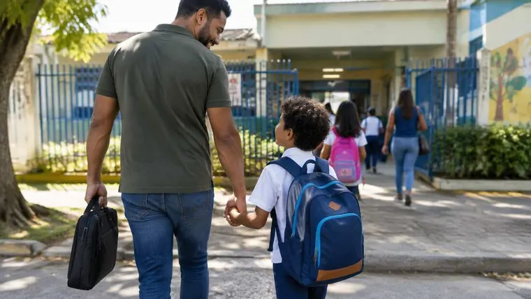 Ilustração gerada por IA: pai levando criança à escola com mochila e pasta de trabalho.