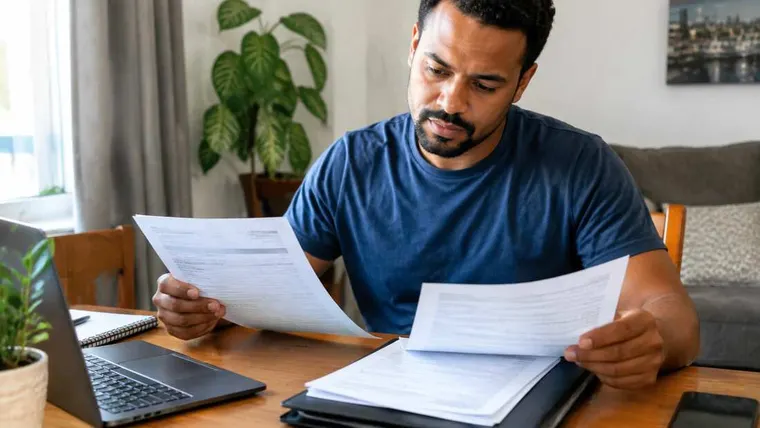 Ilustração gerada por IA: trabalhador conferindo contracheque e contrato.