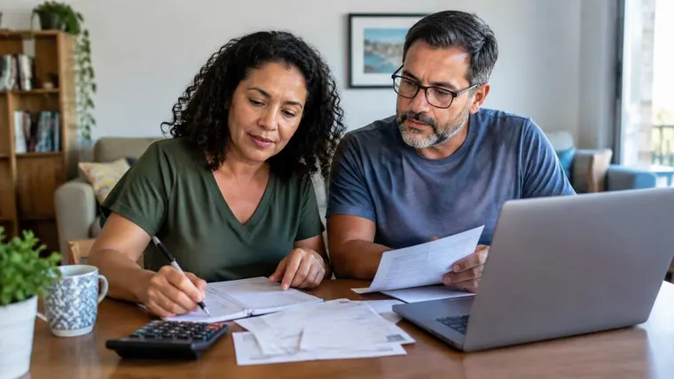 Ilustração gerada por IA: casal planejando finanças com notebook e papéis.