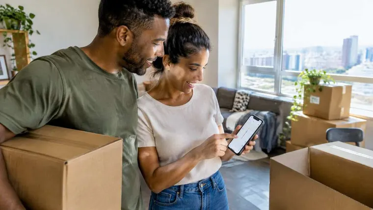 Ilustração gerada por IA: casal com caixas de mudança em apartamento novo.