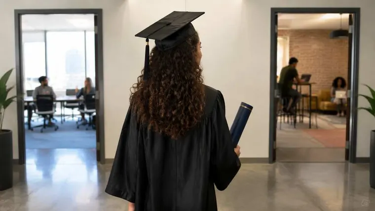 Ilustração gerada por IA: recém-formada com diploma diante de dois caminhos.