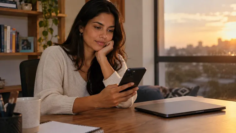 Mulher esperando resposta de recrutador no celular; imagem ilustrativa gerada por IA.