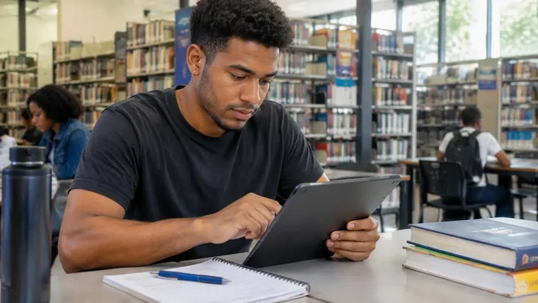 Ilustração gerada por IA: homem estudando com tablet em biblioteca pública.