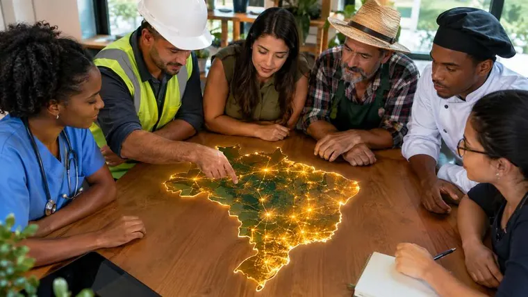 Ilustração gerada por IA: trabalhadores de diferentes setores ao redor de um mapa do Brasil.