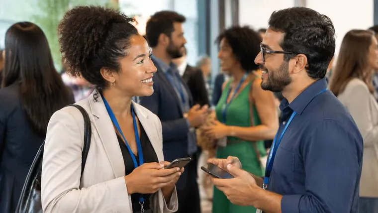 Ilustração gerada por IA: dois profissionais trocando contatos em evento de networking.