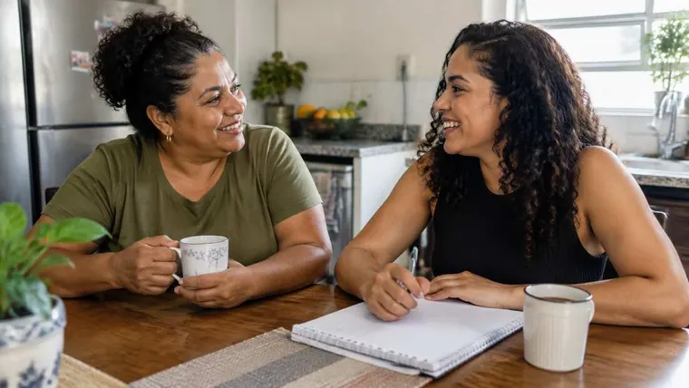 Ilustração gerada por IA: mãe e filha adulta conversando na cozinha.