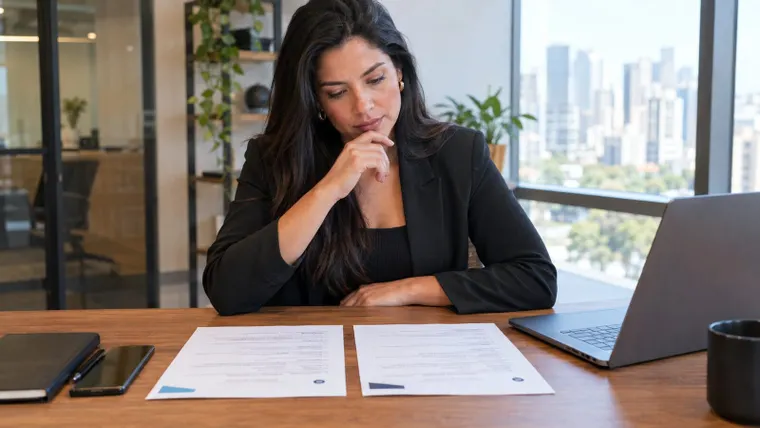Mulher em escritório comparando duas propostas de emprego ao lado do notebook; imagem ilustrativa gerada por IA.