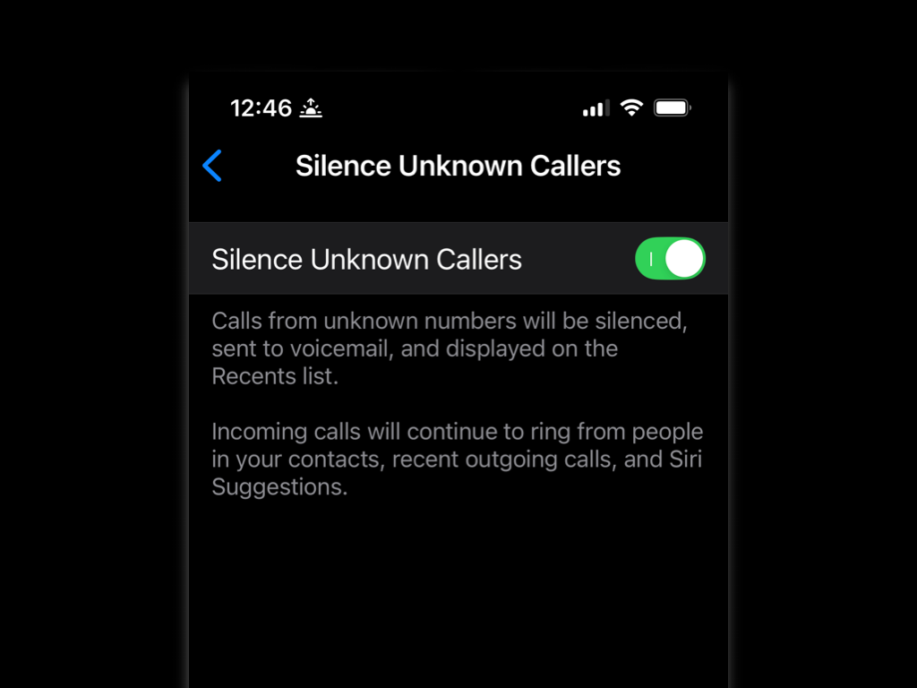 A close-up screen shot of the Silence Unknown Callers screen, showing how calls will be filtered.