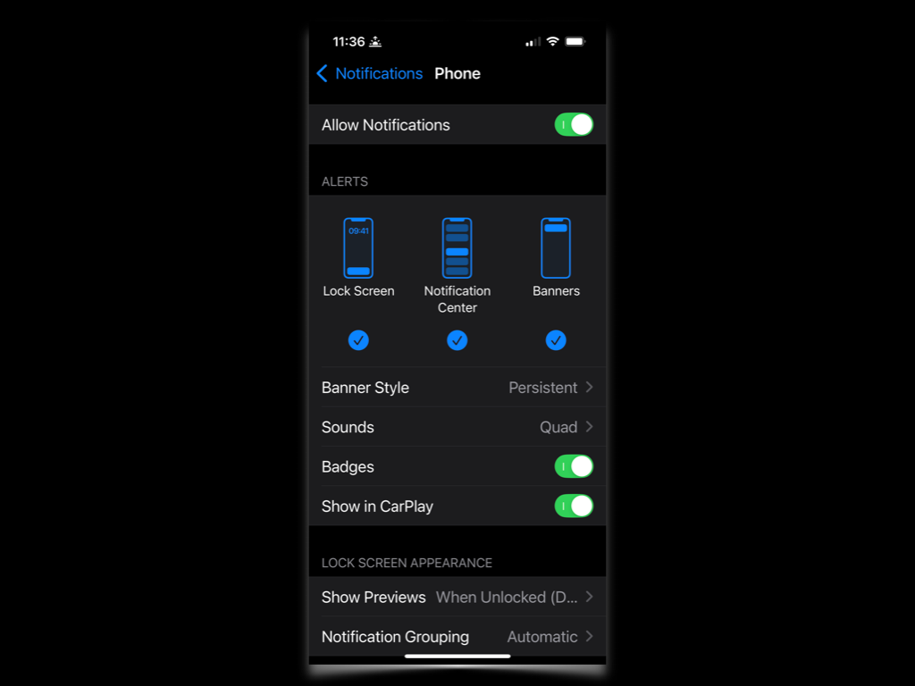 A screenshot of the Notifications screen for the iPhone Phone app. 