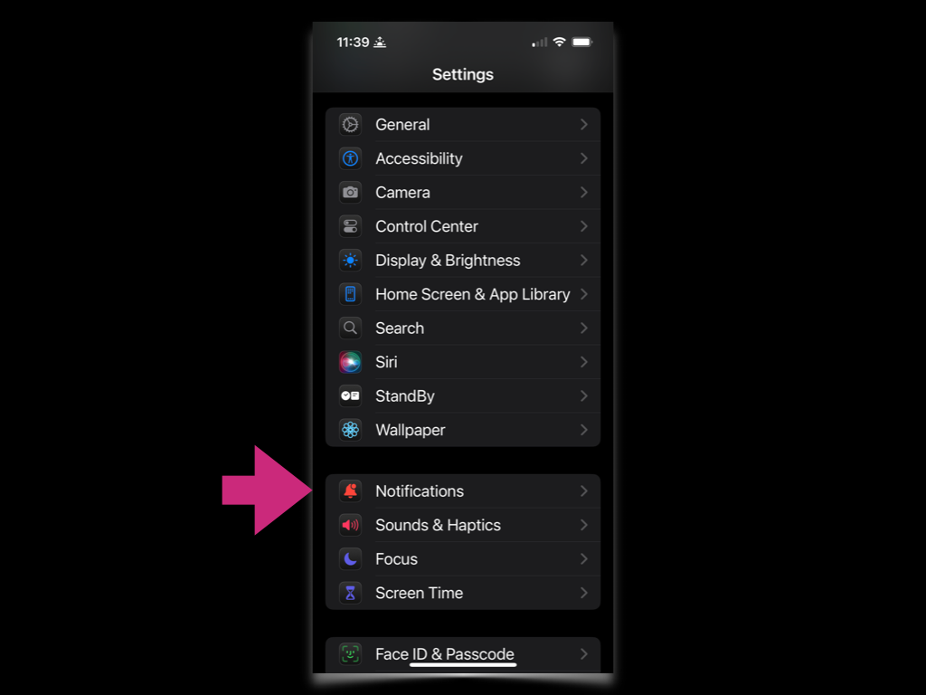 A screenshot of the iPhone Settings app menu, with an arrow pointing to Notifications.