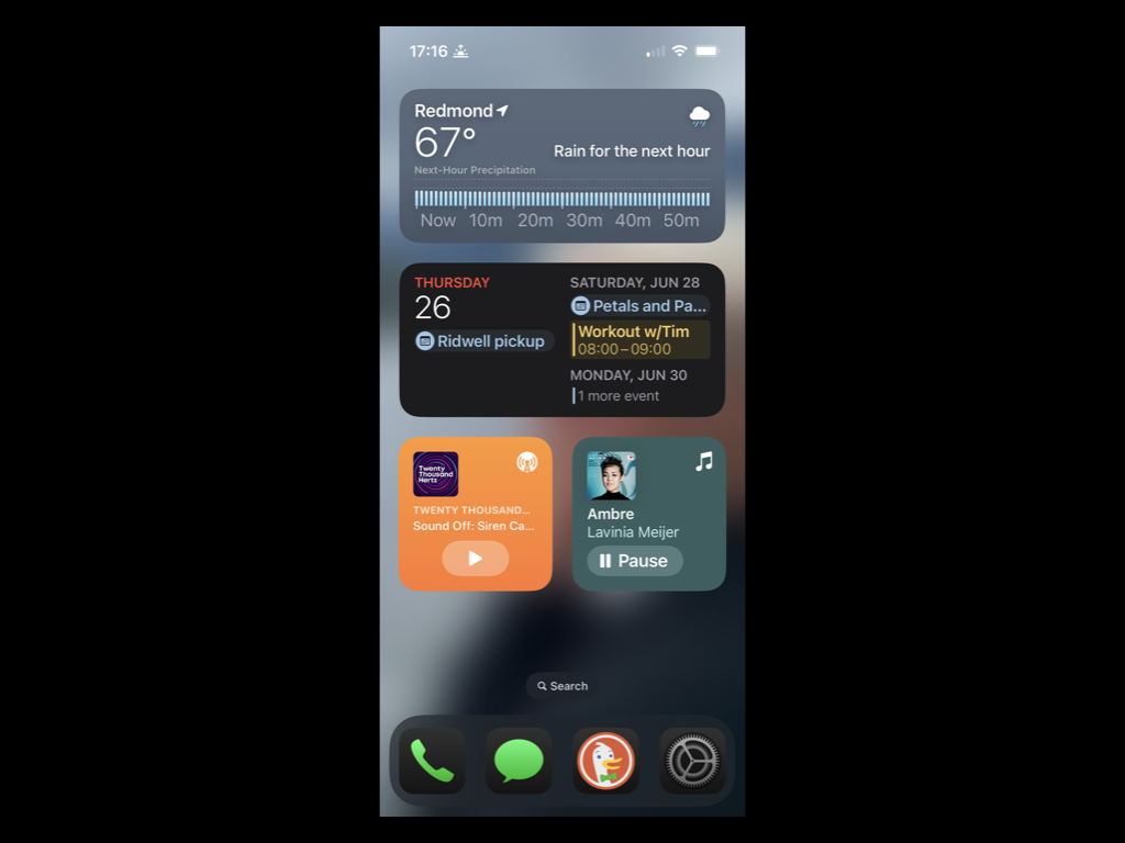 A screenshot of the author’s Home screen, with four widgets on the screen, and four app icons in the Dock.