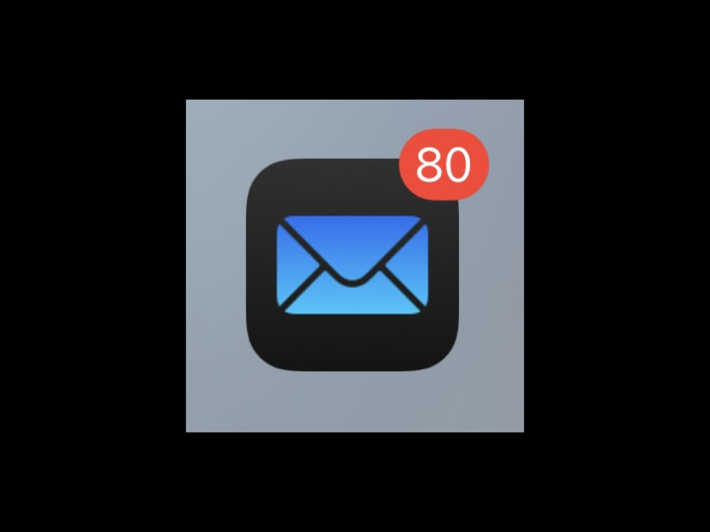 A closeup of an iPhone Apple Mail app icon, with a badge show 80 unread messages.