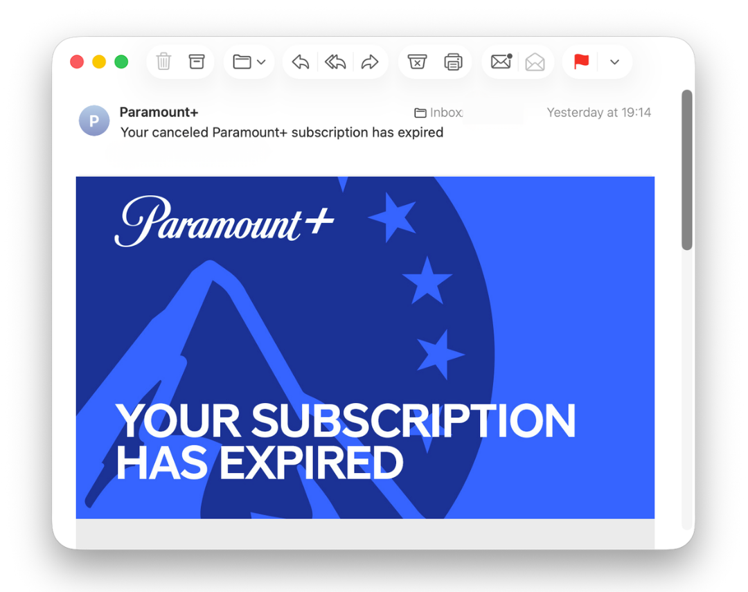 A subscription expiration email notice from the Paramount+ streaming service. 