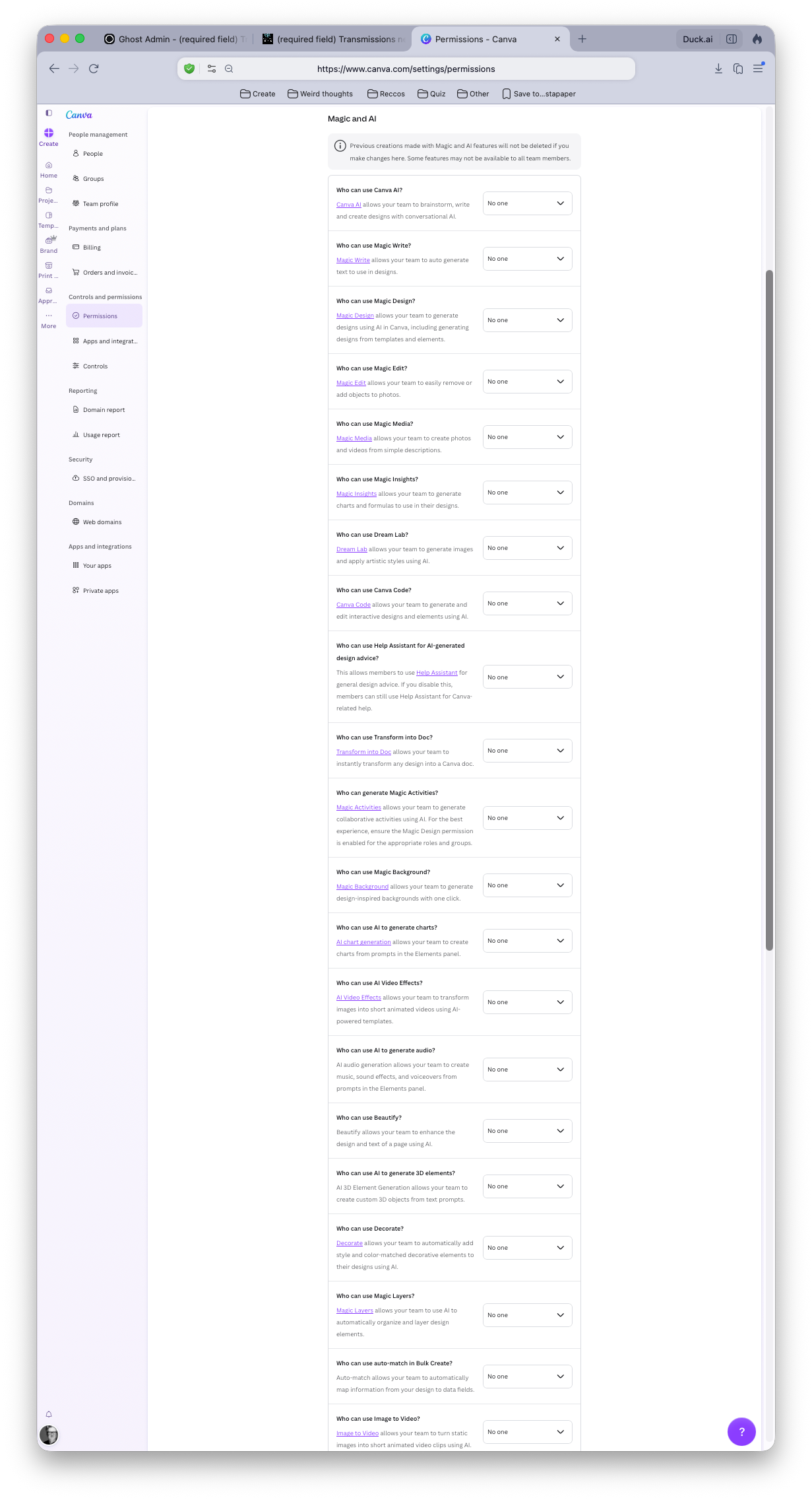 A screenshot of the Permissions > Magic & AI portion of the Canva settings, It is a very long list.