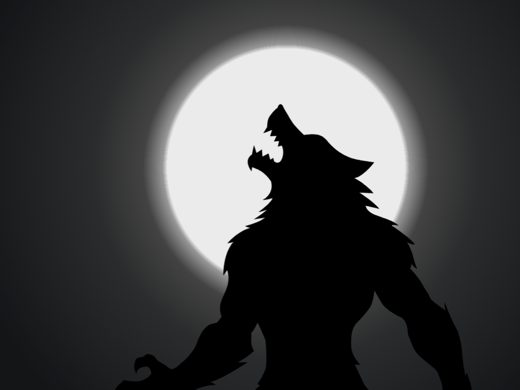Silhouetted against a full moon, a werewolf lifts its head and howls.