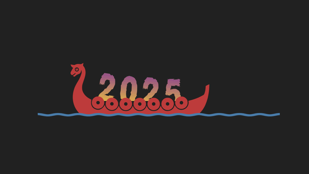 A flaming arrow hits a Viking ship carrying a gigantic 2025 sign. The boat and sign quickly burn to ash, and sink out of sight.
