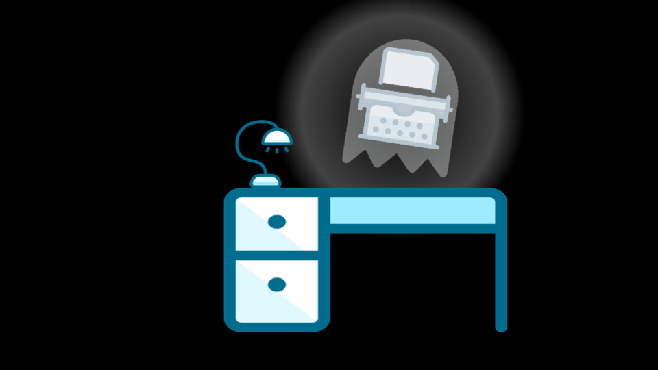 A glowing, ghostly typewriter floats above a stylized desk.