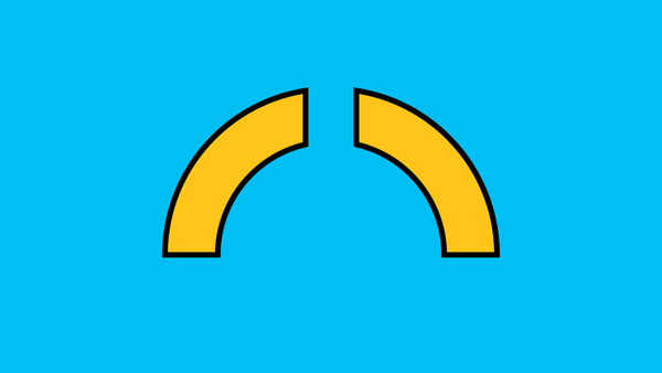 A geometric figure enter screen, bumps into the side a fence, then reorients itself and passes through a gap in the fence.