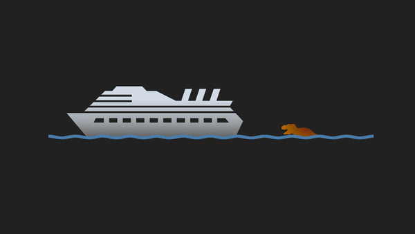 Icon art style picture of a cruise ship being stalked by a swimming Tyrannosaur.