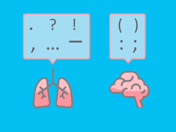 Illustration with an icon of human lungs on one side, a brain on the other. Above the lungs are a full stop, a period, an exclamation point, a question mark, an ellipsis, and an em dash. Abov