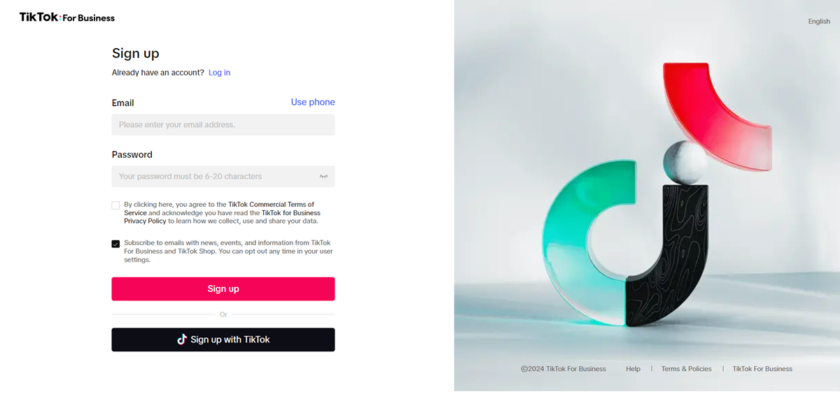 tikTok signup page